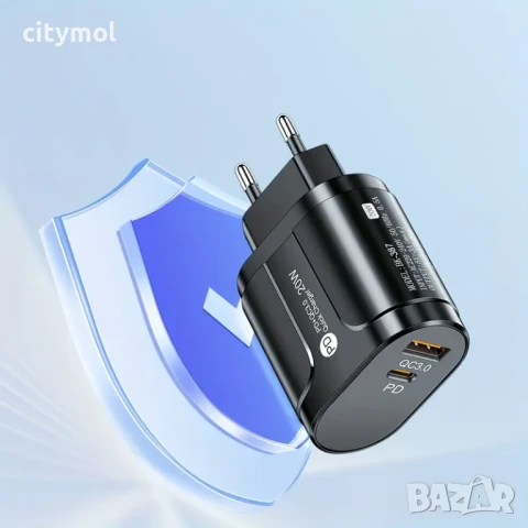 Зарядно за телефон с 20 W, Type-C + USB, QC 3.0, PD, снимка 2 - Оригинални зарядни - 50622015