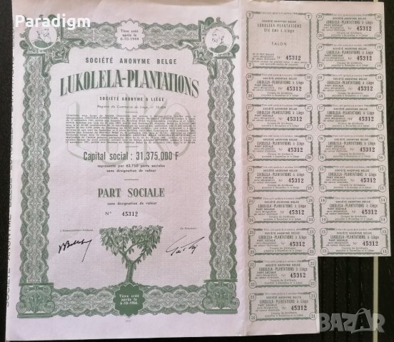 Акция от Белгия | Lukolela - Plantations | 1944г., снимка 2 - Нумизматика и бонистика - 31276043