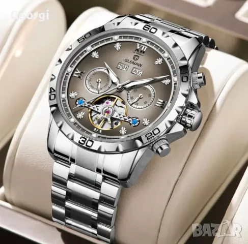 Мъжки Елегантен, Механичен, Автоматичен часовник *GLENAW*  Сиво/сребрист металик!, снимка 6 - Мъжки - 49416401