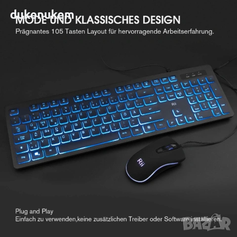 Комплект клавиатура и мишка с кабел – RGB подсветка, USB, QUERTZ, черен, снимка 5 - Клавиатури и мишки - 53382191
