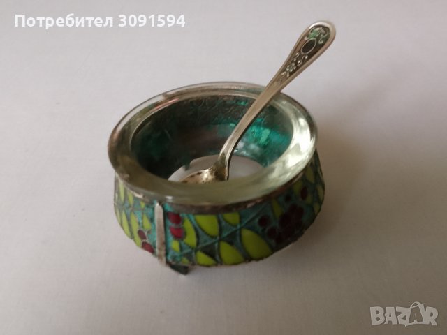 Винтидж руска мелхиорна с  емайлирана за сол   с лъжица, снимка 11 - Антикварни и старинни предмети - 42087417
