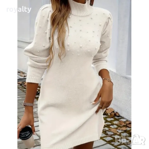 Плетена рокля с перли бяла