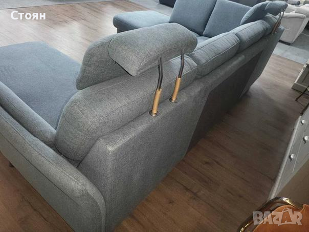 Син ъглов П образен диван от плат LS404520, снимка 3 - Дивани и мека мебел - 44701953