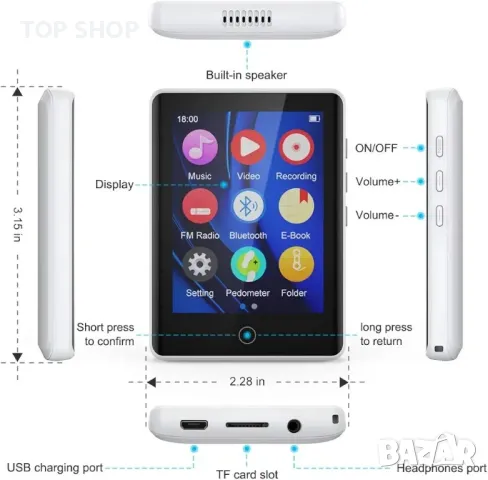 MP3 плейър 32GB с BT 5.0 Поддържа TF до 128GB, Timoom M6 MP3 HIFI Lossless Sound Музикален плейър