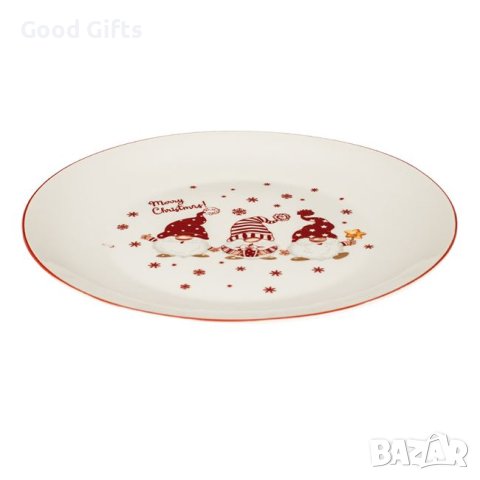 Кръгла коледна порцеланова чиния, Гномчета, 27см , снимка 2 - Чинии - 42754851