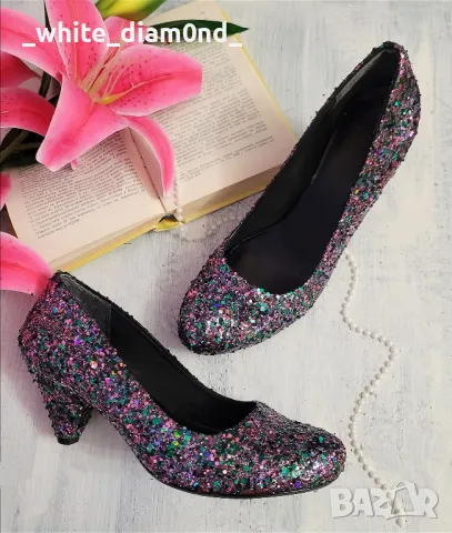 Бутикови дамски обувки лилаво/зелени на ток номер 39,5, снимка 2 - Дамски обувки на ток - 49344177