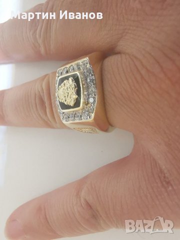 Златен мъжки пръстен с оникс и циркони , снимка 10 - Пръстени - 30831006