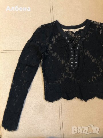 Дантелена блуза кроп топ с връзки, снимка 5 - Блузи с дълъг ръкав и пуловери - 30316009