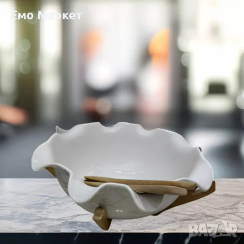 Керамична купа с дървена стойка и прибори за сервиране, снимка 2 - Други - 49942725