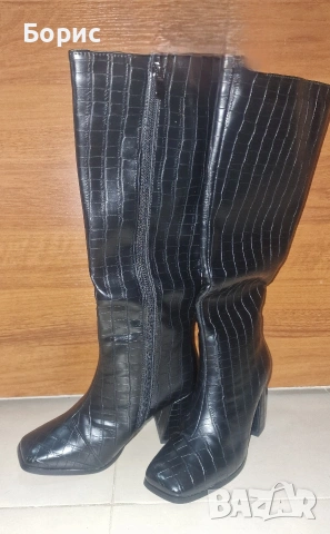 Елегантни черни кроко кожени ботуши, снимка 3 - Дамски ботуши - 54044000