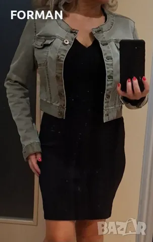 Късо дънково яке в опушен зелен цвят, снимка 1