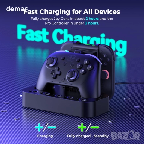 Зарядна станция NEWDERY за контролер Nintendo Switch 2 и Joycon, LED индикатори, слотове за 5 карти, снимка 6 - Аксесоари - 52534599