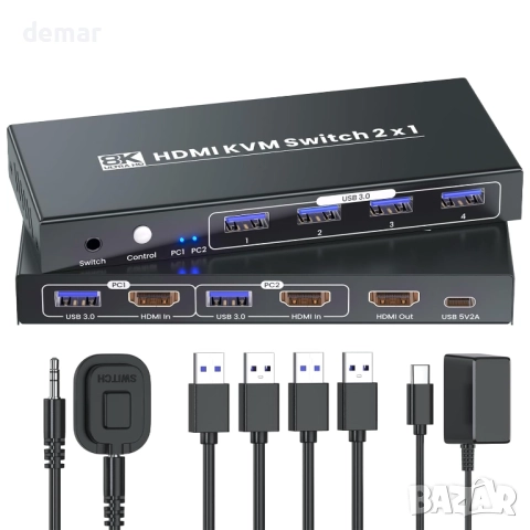 HDMI KVM превключвател 1 монитор 2 компютъра, 8K60Hz 4K120Hz USB 3.0