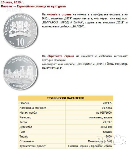 Възпоменателна Колекционерска Монета Пловдив – Европейска столица на културата 10 лева 2019 г. 