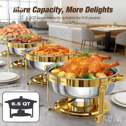 Комплект за бюфет WARMOUNTS 6L Gold Chafing Dish, 2 броя, кръгли съдове за затопляне с капак, снимка 3 - Сервизи - 54328098