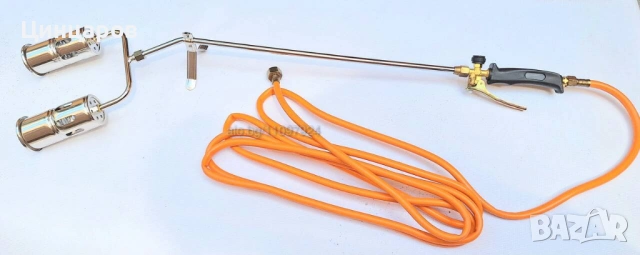 Горелка пропан-бутан двойна, двойка дюзи 58мм, маркуч дължина 5м, горелка 100см., стойка 