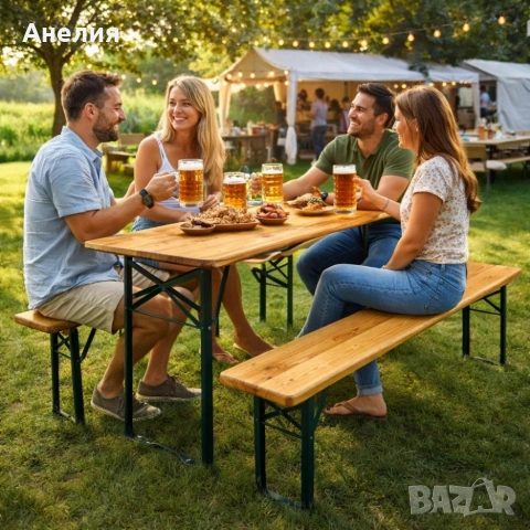 Сгъваем комплект градинска маса с 2 пейки - От чамово дърво, снимка 2 - Градински мебели, декорация  - 54046022