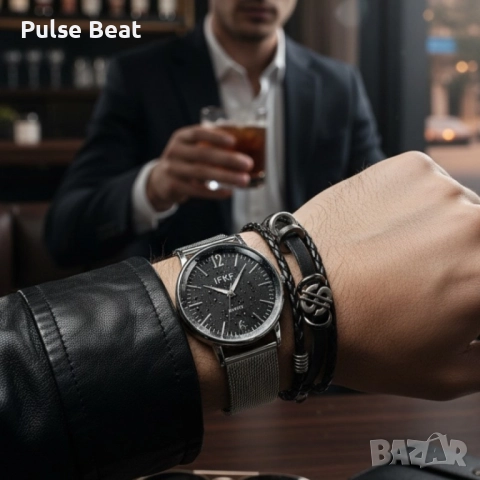 Мъжки комплект – кварцов часовник с метална верижка и стилна гривна в подаръчна кутия, снимка 3 - Мъжки - 52045217