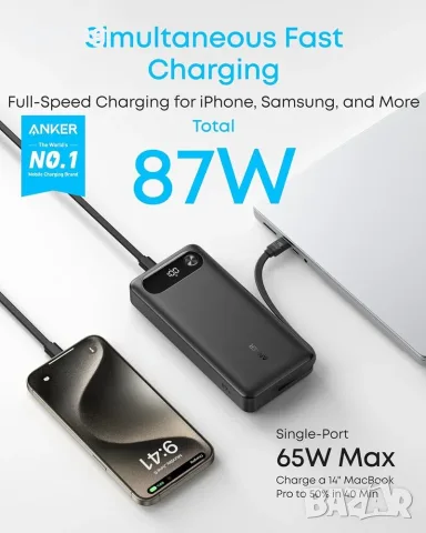 Anker, 20k, 87W, 20000mAh - външна батерия с вграден USB-C кабел, снимка 2 - Външни батерии - 56062645