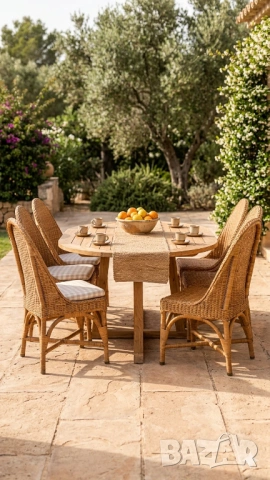 Комплект 6 бр. висококачествени плетени ратангови столове с възглавници на каре