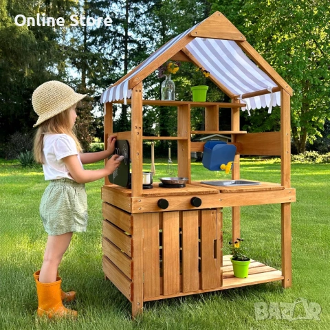 Детска дървена кухня OOOK с навес – масивна ела, аксесоари, за 3+ години, снимка 8 - Образователни игри - 54176394