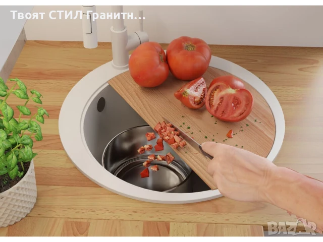 Бяла кръгла кухненска гранитна мивка Пиза 50 Top 530 x 530 мм, снимка 3 - Мивки - 51286320