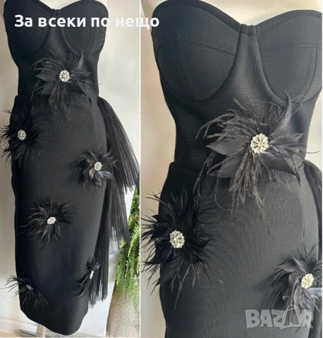 Дамска Елегантна Черна Бюстие Рокля С Пера И Декоративни Цветя За Официални Събития Код Roni19, снимка 2 - Рокли - 54004104