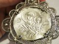 Възрожденска Сребърна икона, амулет, накит, медальон с Богородица, Дева Мария - Панагия 70 мм Сребро, снимка 9