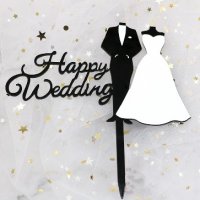 Happy Wedding Костюм и Рокля твърд черно бял твърд топер за торта Сватбен сватба , снимка 3 - Други - 30126565