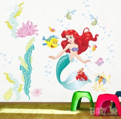 Малката русалка Ариел морско дъно стикер за стена и мебел детска стая или баня самозалепващ, снимка 1