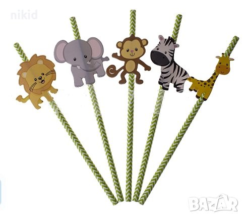 5 бр Зоо Сафари Диви животни Джунгла картонени сламки топери Сафари парти украса рожден ден торта, снимка 1