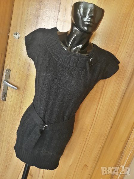 Черна вълнена туника/рокля с къс ръкав и коланче С/М, снимка 1