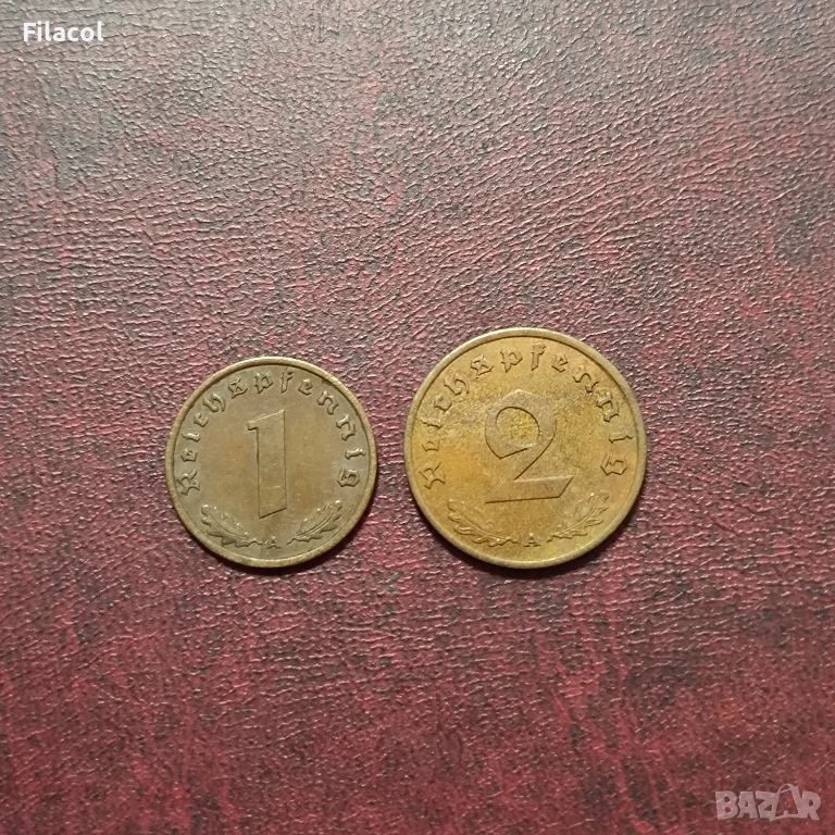 Германия Райх 1 и 2 пфенига 1939 МД 'A' - Берлин, снимка 1