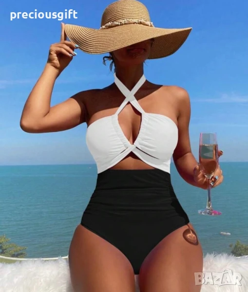 Дамски цял бански в черно и бяло, снимка 1