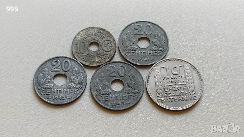 10 франка 1949* 10, 20 сантима 1941, 1942, 1943 Вишистка Франция, снимка 1