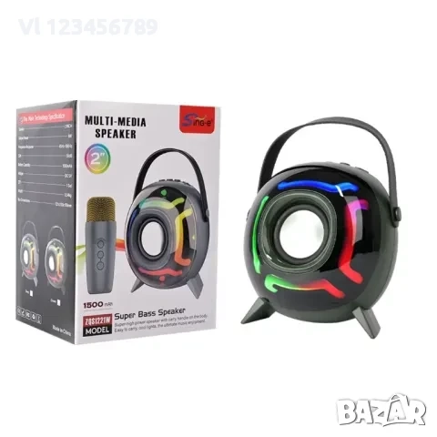 Мини колонка SING-E ZQS1221W с 1 безжичен микрофон RGB LED светлини, снимка 1