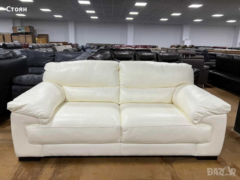 Светло кремав/бял кожен диван двойка - естествена кожа, снимка 1