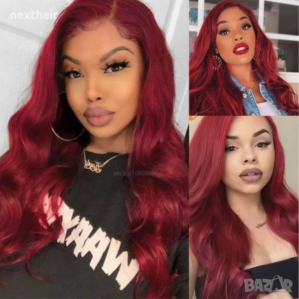 🌹 LACE FRONT лейс фронт 60 см червена чуплива перука с дантела 4*1, снимка 1