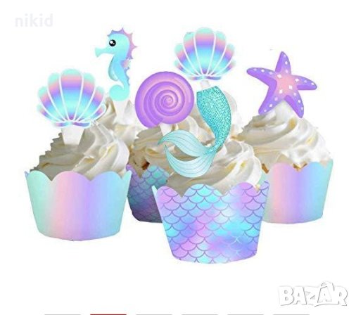 Опашка Русалка мида морска звезда 10 бр топери и декори за кошнички украса за мъфини кексчета парти, снимка 1