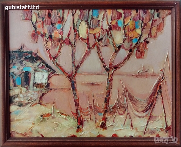 Картина, пейзаж, море, мрежи, худ. Н. Ханзъров, 1999 г., снимка 1