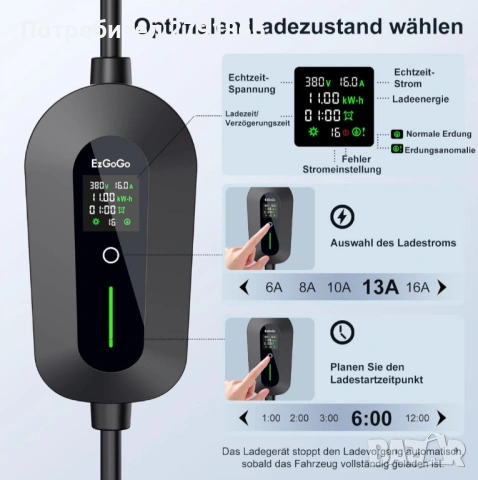 Мобилна зарядна станция EV Wallbox 11kW тип2 3-фазна 7м кабел CEE16A към тип2 + адаптер за монофазно, снимка 5 - Аксесоари и консумативи - 53939389