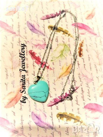Стилно дамско колие със сърце от тюркоаз и верижка от медицинска стомана #2