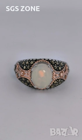 Мъжки сребърен пръстен с бял опал и марказит, снимка 8 - Пръстени - 53370220
