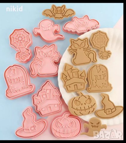 8 бр Хелоуин Halloween тиква прилеп дух пластмасови разглобяеми резци форми фондан тесто форма резец