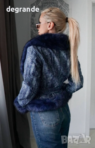 Ефектно Дамско палто с пух и блестящи камъчета, снимка 6 - Палта, манта - 51802429