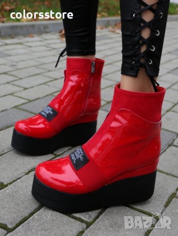 Боти на платформа - червен лак - K135, снимка 2 - Дамски боти - 33762179
