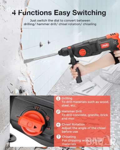 Mensela EH-WM1 4in1 Мултифункционална перфораторна бормашина 1/2 инча 1050 об/мин 5200 удара в мин, снимка 12 - Бормашини - 36645772