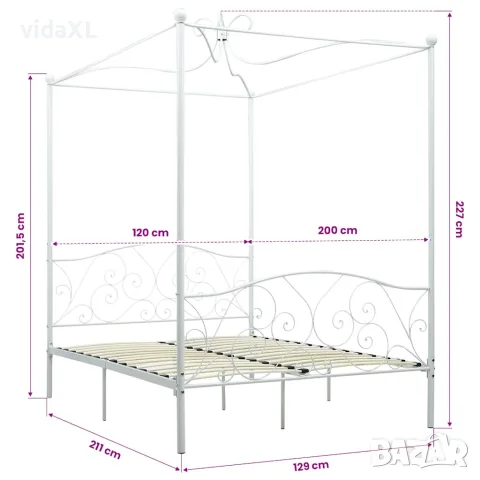 vidaXL Рамка за легло с балдахин, бяла, метал, 120x200 см, снимка 4 - Спални и легла - 56146505