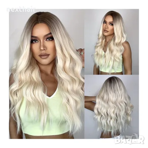 Висококачествена светло руса чуплива перука с тъмни корени на път, снимка 6 - Аксесоари за коса - 50101540