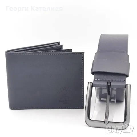Комплект колан и портмоне за мъж от сива естествена кожа Код на продукта:M-0033